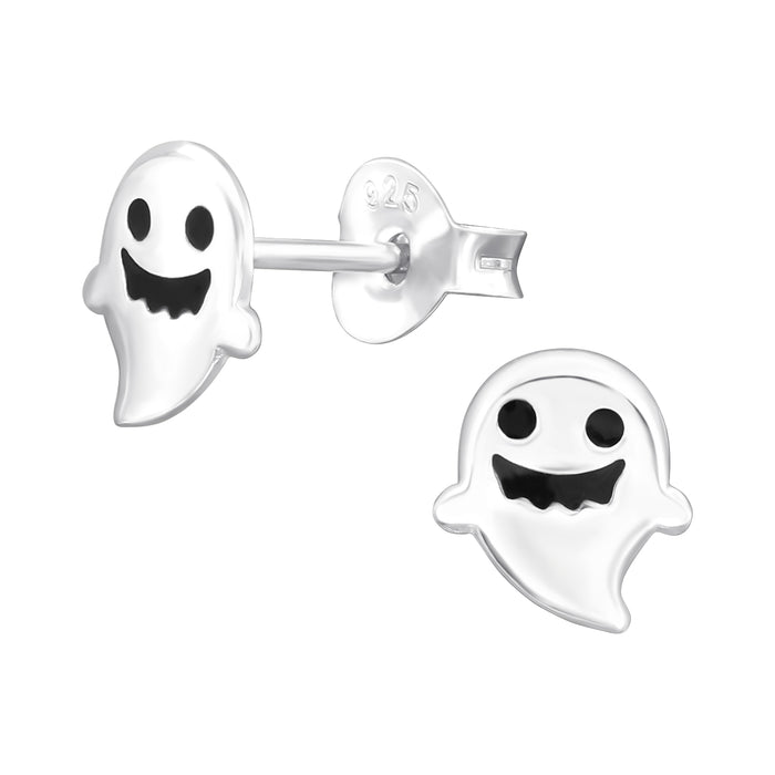 Joy|S - Zilveren spook oorbellen - 6 x 7 mm - zilver met zwart - Halloween oorknoppen