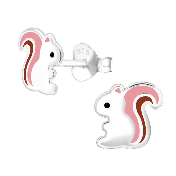 Joy|S - Zilveren eekhoorn oorbellen - 7 mm - zilver met bruin / roze staart - kinderoorbellen