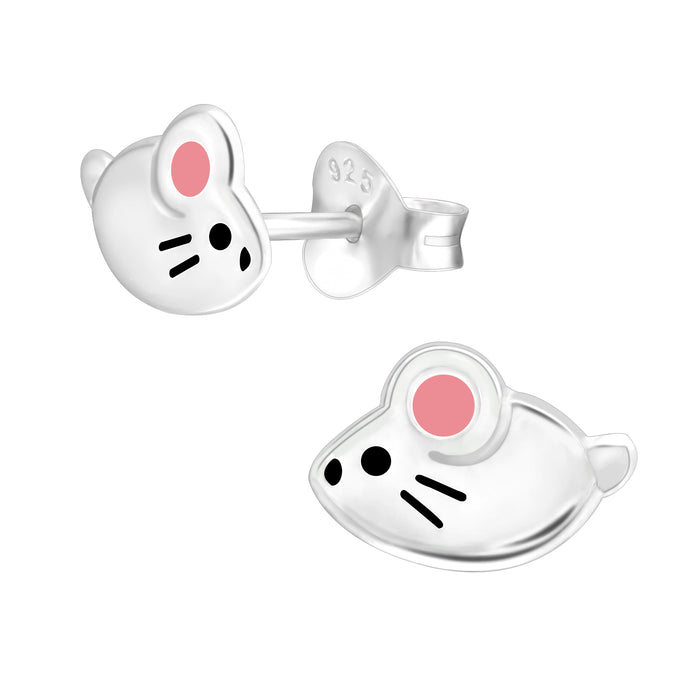 Joy|S - Zilveren muis oorbellen - 9 x 6 mm - zilver met roze - kinderoorbellen