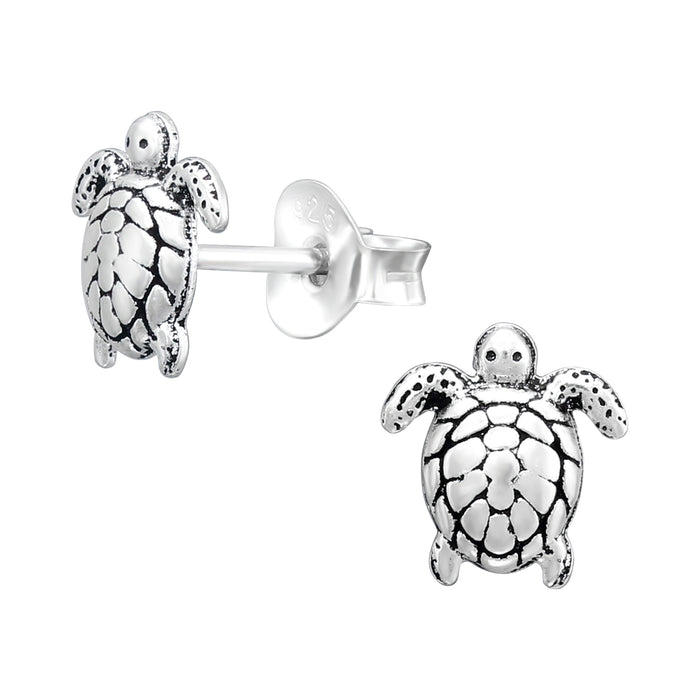 Joy|S - Zilveren schildpad oorbellen - 7 mm - geoxideerd - kinderoorbellen