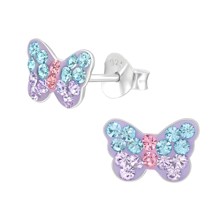 Joy|S - Zilveren vlinder oorbellen - 9 x 7 mm - paars met blauw roze en lila kristal - kinderoorbellen