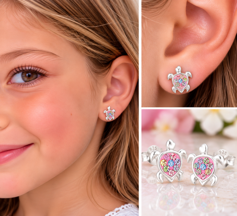 Joy|S - Zilveren schildpad oorbellen - 9.5 x 10 mm - zilver roze met gekleurde kristalletjes - kinderoorbellen