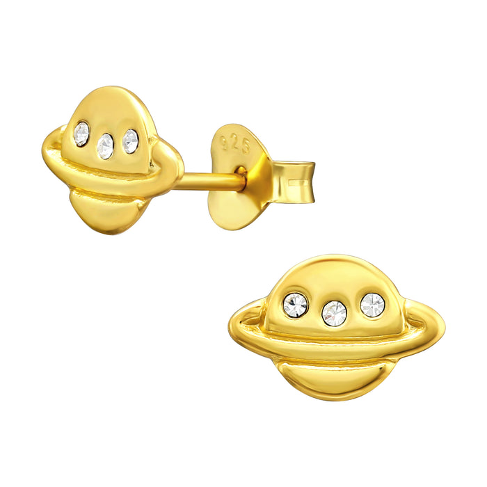 Joy|S - Zilveren planeet oorbellen - 9 x 6 mm - saturnus - kristal - goudplating