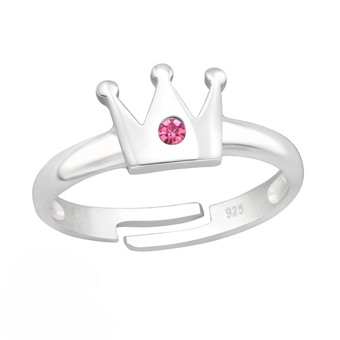 Joy|S - Zilveren kroontje ring - verstelbaar - zilver - roze kristal - voor kinderen