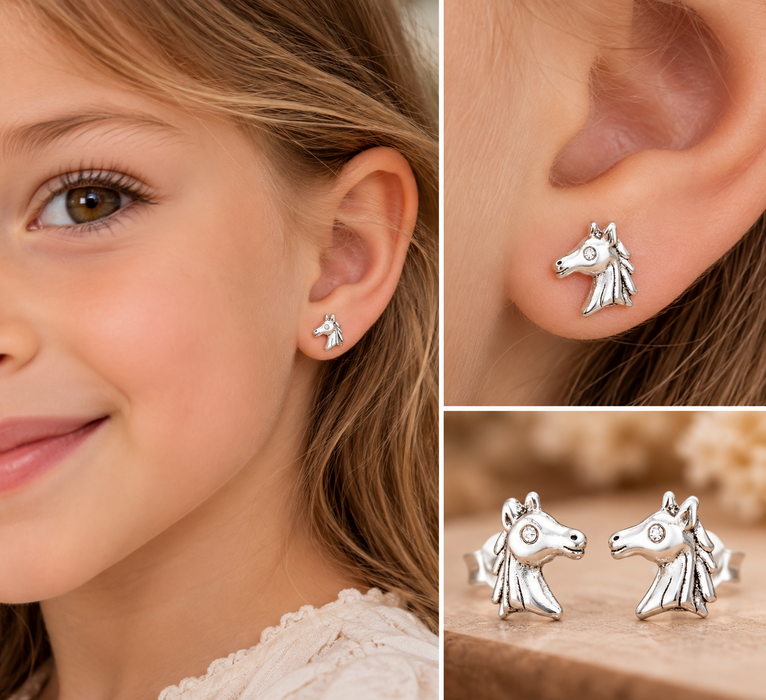 Joy|S - Zilveren paard oorbellen - 7.7 x 9 mm - kristal - geoxideerd - paardenhoofd - kinderoorbellen