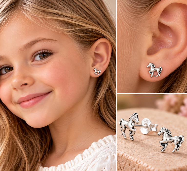 Joy|S - Zilveren paard oorbellen - 10 mm x 9.5 mm - geoxideerd - kinderoorbellen