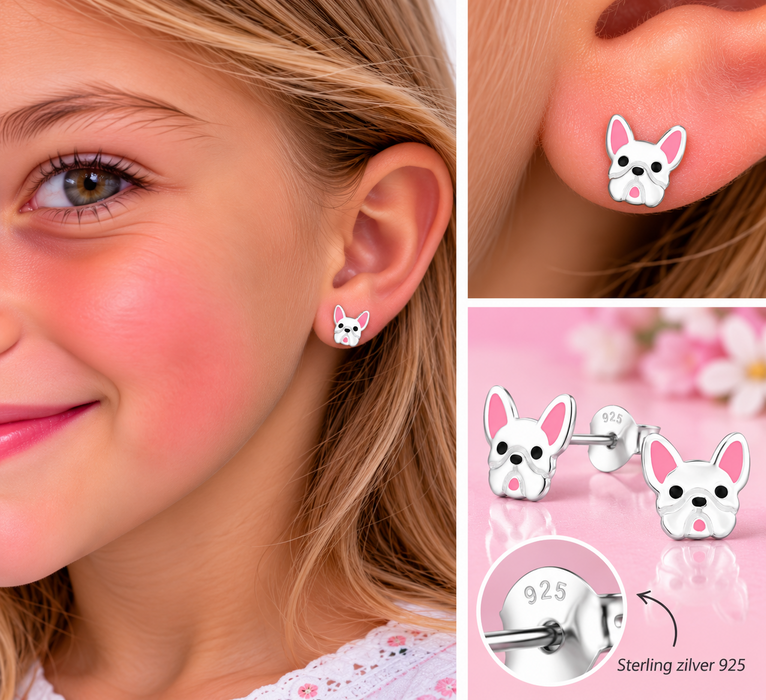 Joy|S - Zilveren hond oorbellen - zilver met roze oortjes - 7.7 x 7.5 mm - kinderoorbellen