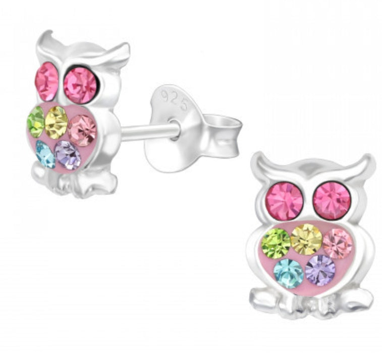 Joy|S - Zilveren uil oorbellen - 6 x 8 mm - zilver roze met gekleurde kristalletjes - kinderoorbellen
