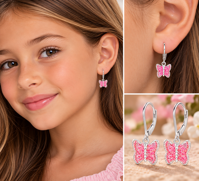 Joy|S - Zilveren vlinder bedel oorbellen - brisure / leverback sluiting - roze met glitters
