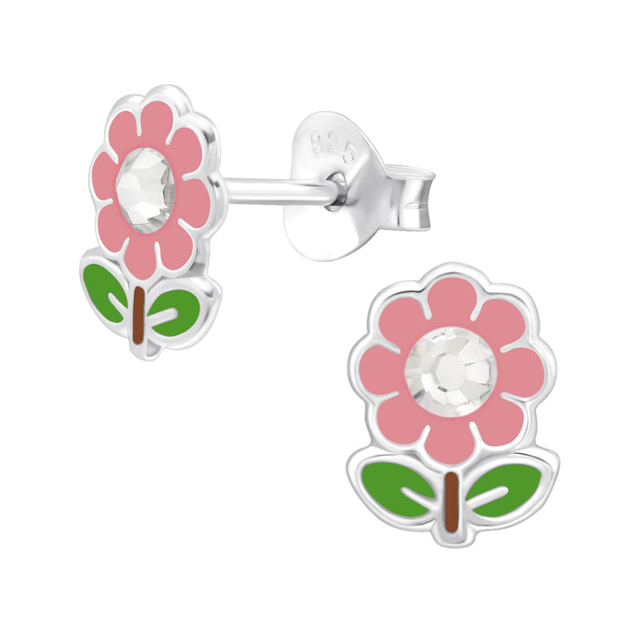 Joy|S - Zilveren bloem oorbellen - 6 x 8 mm - roze bloemetje met kristal - kinderoorbellen