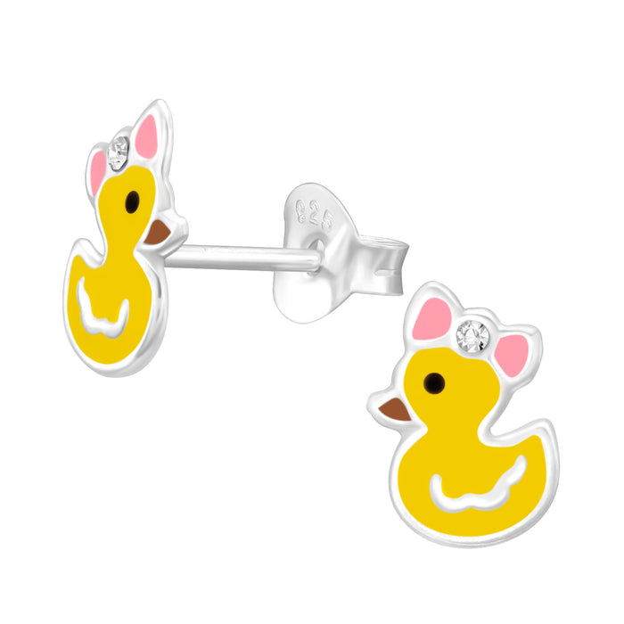 Joy|S - Zilveren eendje oorbellen - 6 x 8 mm - geel met roze strikje - kristal - kinderoorbellen