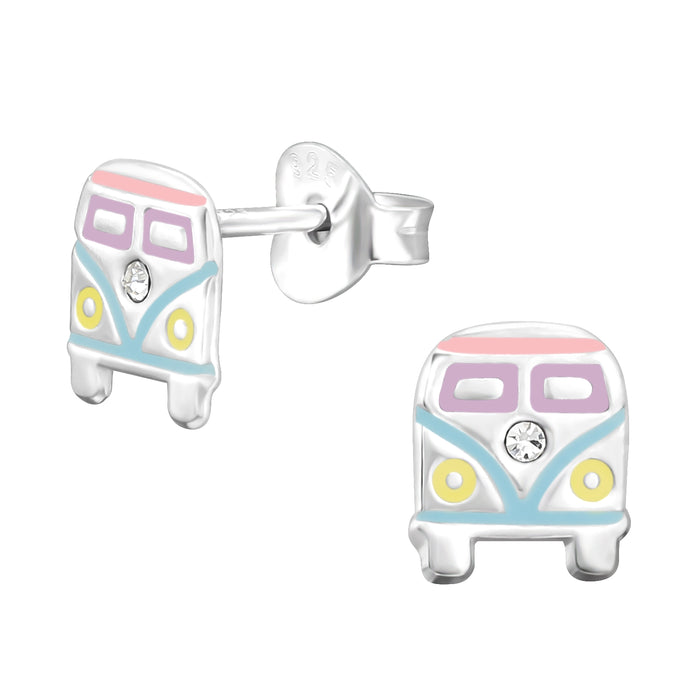 Joy|S - Zilveren bus oorbellen - 6 x 7 mm - pastel met kristal - t1 busje VW
