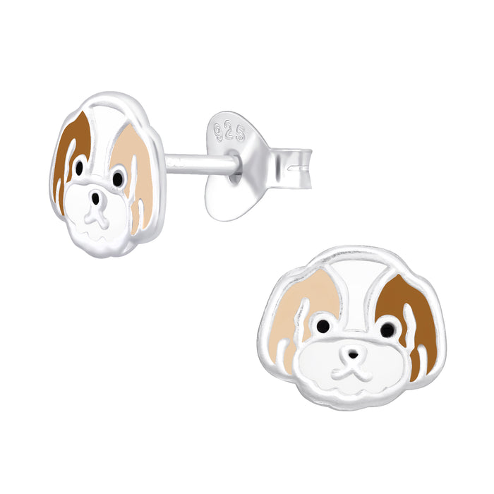 Joy|S - Zilveren hond oorbellen - 8 x 7 mm - bruin wit - kinderoorbellen