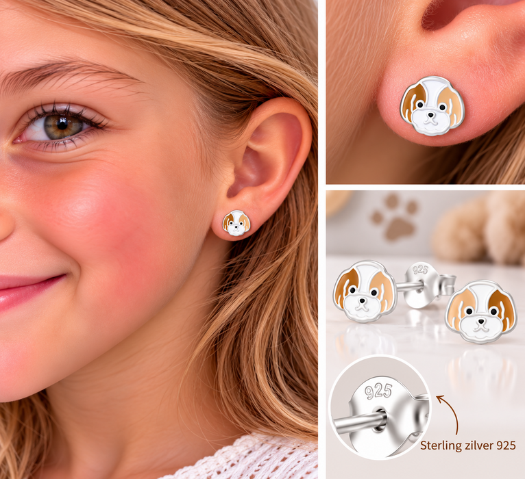 Joy|S - Zilveren hond oorbellen - 8 x 7 mm - bruin wit - kinderoorbellen