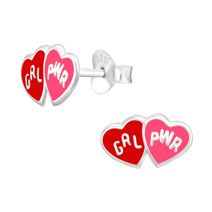 Joy|S - Zilveren hartje oorbellen - girl power - 2 hartjes - rood roze - 11 x 6 mm oorknoppen - kinderoorbellen