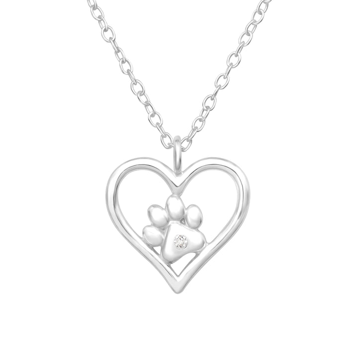 Joy|S - Zilveren hartje hanger met dierenpootje - inclusief ketting 45 cm - poot afdruk - zirkonia - kinderketting