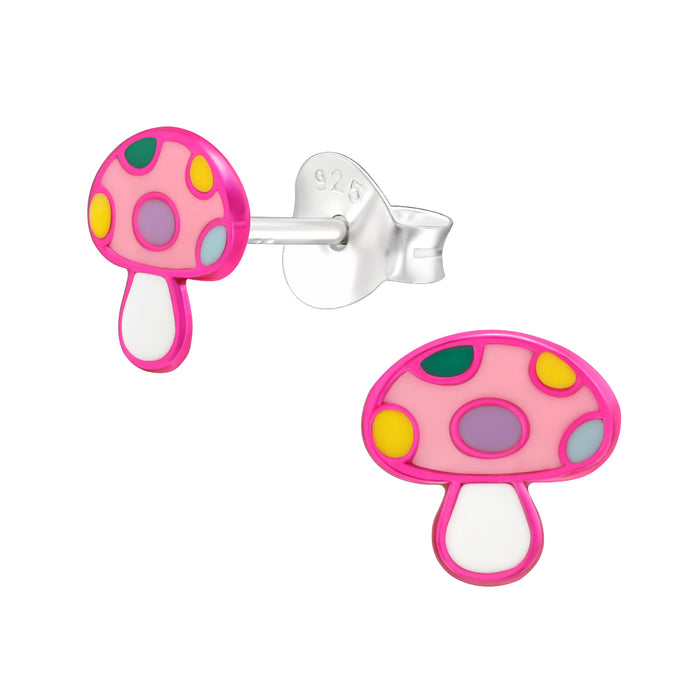 Joy|S - Zilveren paddenstoel oorbellen - 7 mm - roze met kleurtjes - kinderoorbellen