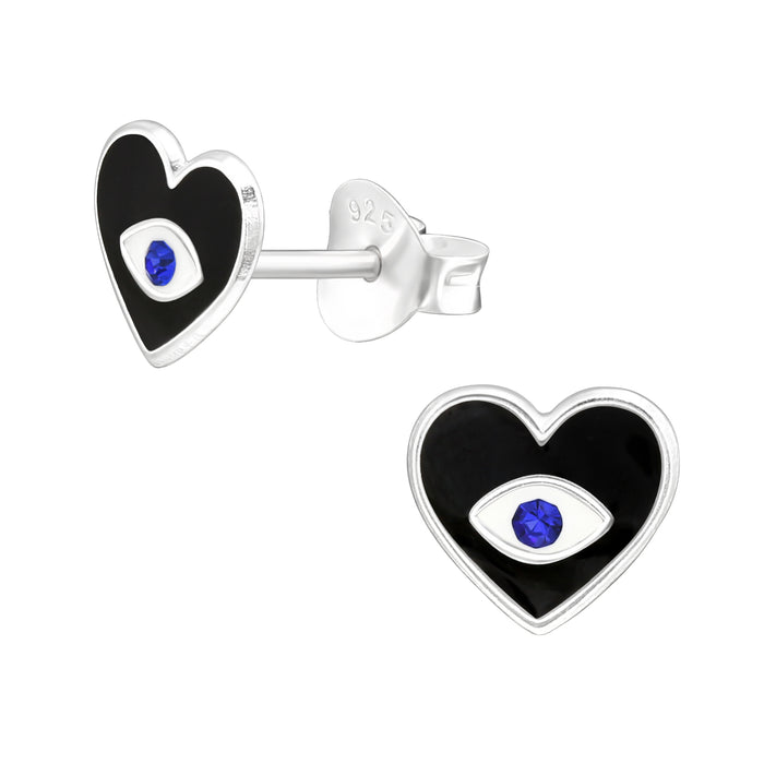 Joy|S - Zilveren hartje oorbellen - boze oog / evil eye - 7 mm - blauw kristal - kinderoorbellen