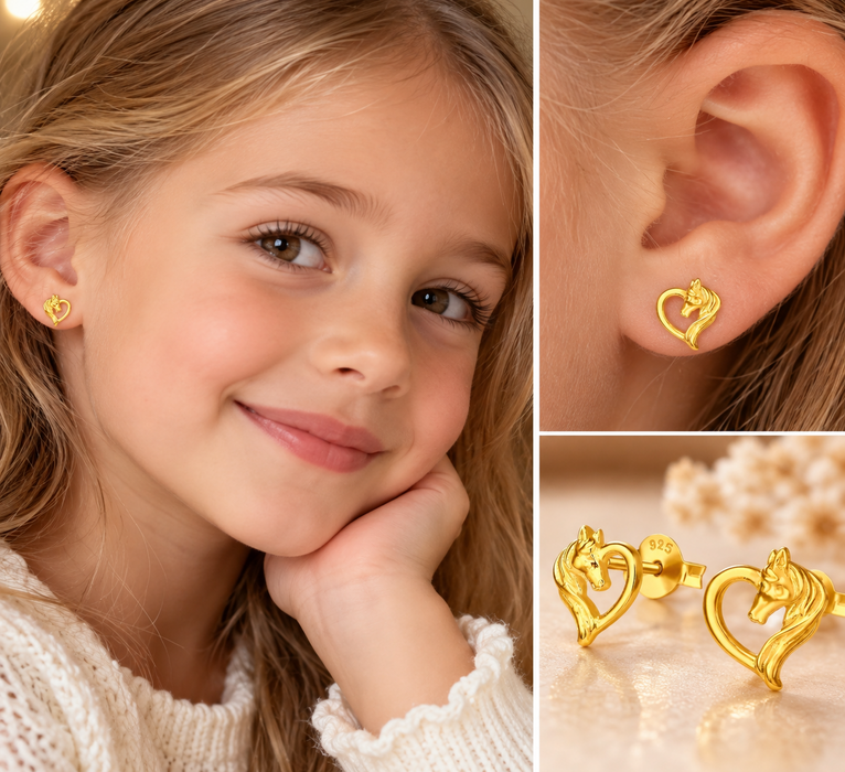 Joy|S - Zilveren paard hart oorbellen - 8 x 9 mm - goudplating