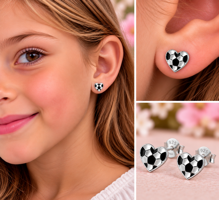 Joy|S - Zilveren voetbal hartje oorbellen - 7 x 6.5 mm - zilver zwart - kinderoorbellen