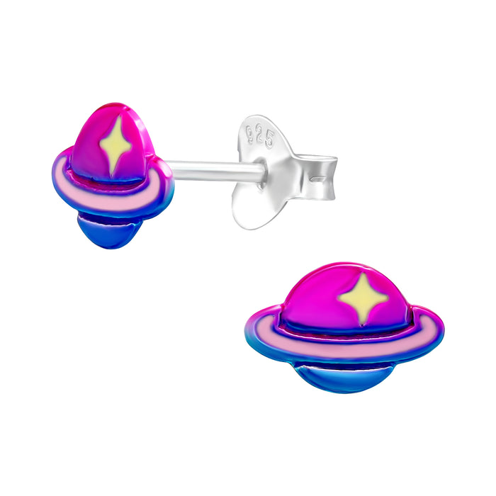 Joy|S - Zilveren planeet oorbellen - saturnus - 9 x 6 mm - paars roze met gele ster