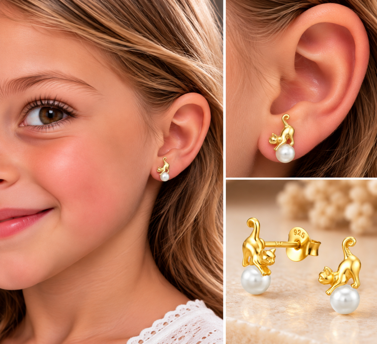Joy|S - Zilveren kat poes oorbellen - 5.5 x 10.5 mm - met pareltje - goudplating