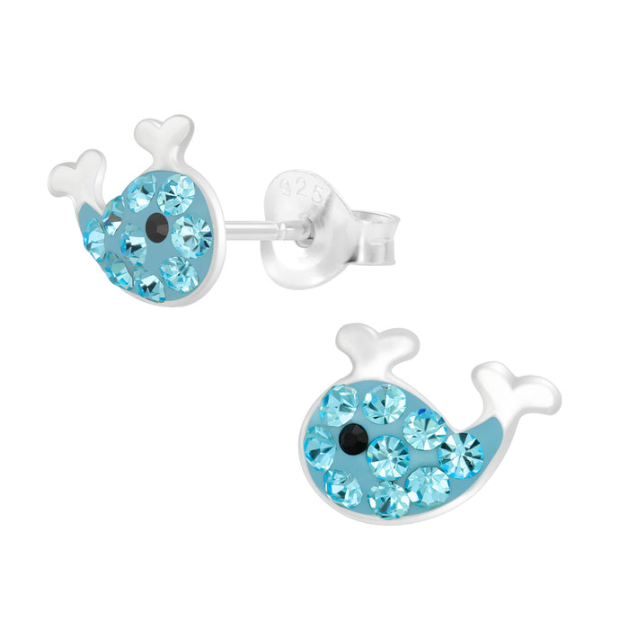 Joy|S - Zilveren walvis oorbellen - 9 x 7 mm - blauw zilver met blauw kristal - vis - kinderoorbellen
