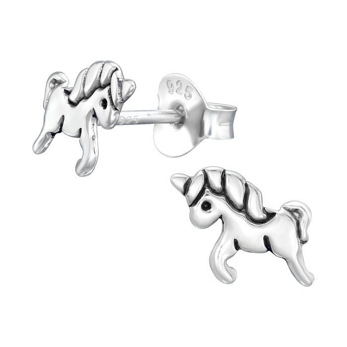 Joy|S - Zilveren eenhoorn oorbellen - 9 x 7 mm - zilver geoxideerd - unicorn oorknoppen