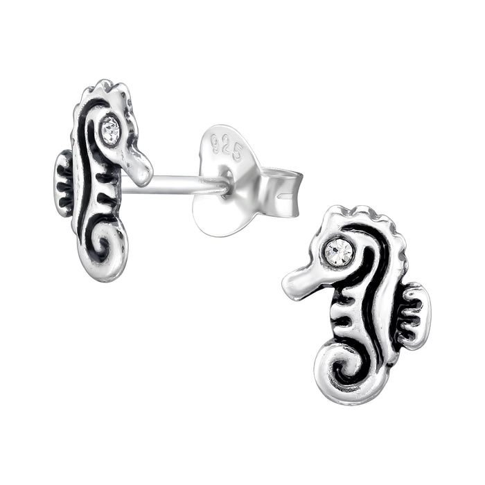 Joy|S - Zilveren zeepaardje oorbellen - 6 x 8 mm - kristal - geoxideerd - kinderoorbellen