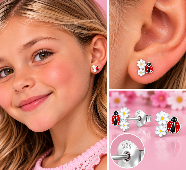 Joy|S - Zilveren lieveheersbeestje oorbellen - met madelief bloemetjes - 7.5 mm - kinderoorbellen - sterling zilver 925