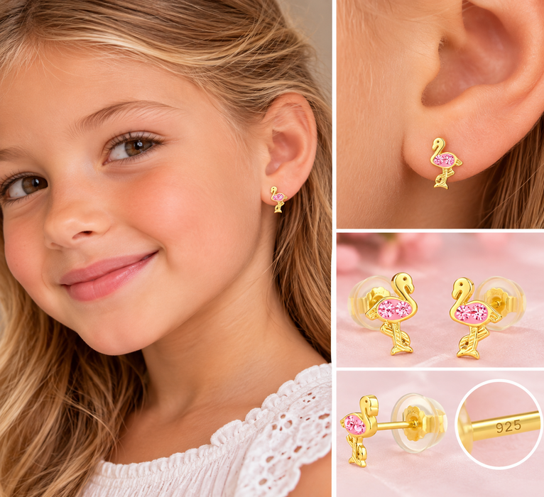 Joy|S - Zilveren flamingo vogel oorbellen - roze kristal - 5 x 8 mm - gold plated - kinderoorbellen met siliconen vlinder sluiting - roze flamingo - sterling zilver 925 - kinderoorbellen