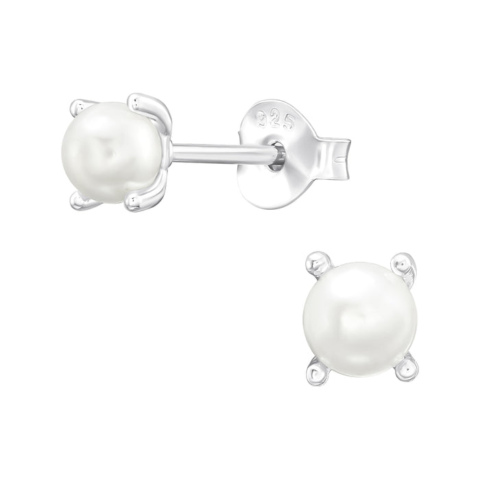 Joy|S - Zilveren parel oorbellen - glas parel - wit - 4 mm - elegante setting - oorknoppen