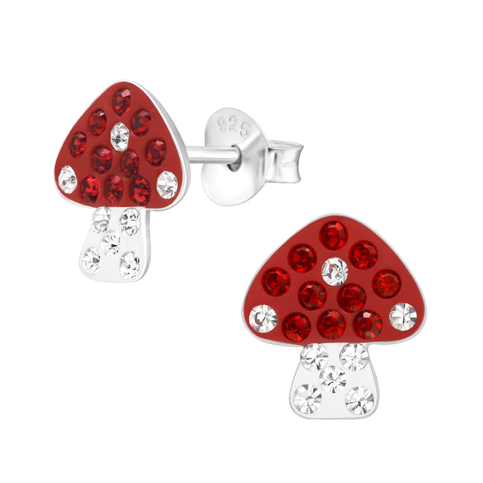 Joy|S - Zilveren paddenstoel oorbellen - 8.5 x 9.5 mm - rood zilver met kristalletjes - kinderoorbellen