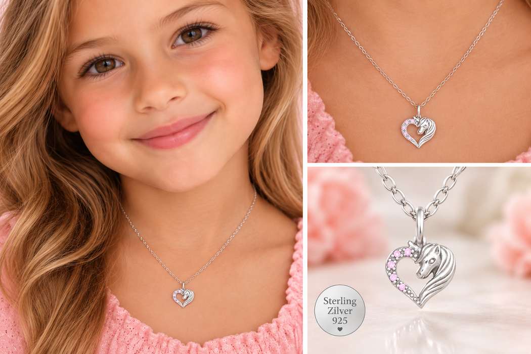 Joy|S - Zilveren hartje hanger - eenhoorn paard - roze zirkonia - inclusief ketting 39 cm (extra oogje bij 36 cm)