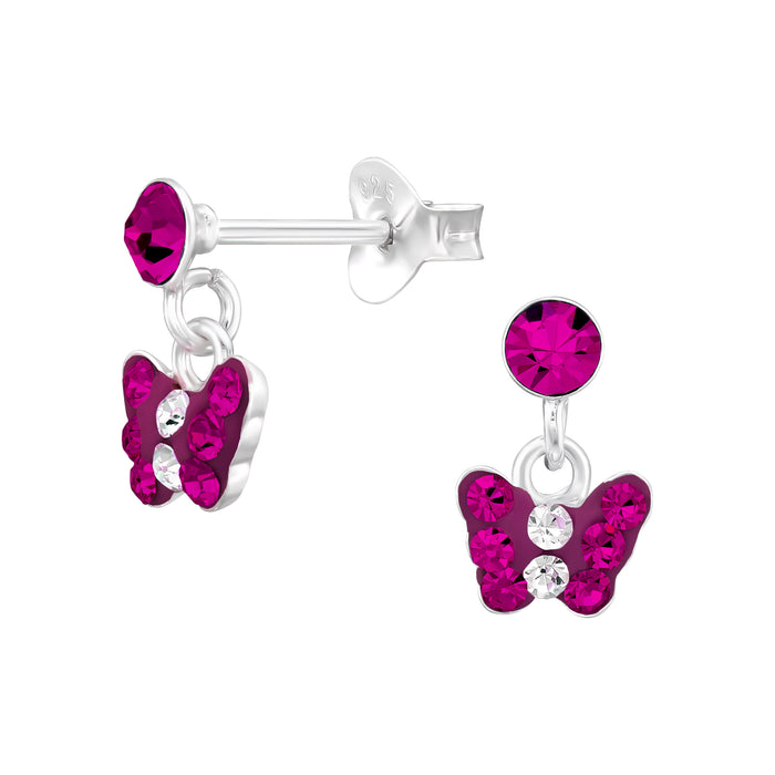 Joy|S - Zilveren vlinder oorbellen - bedel oorknoppen - fuchsia roze kristal