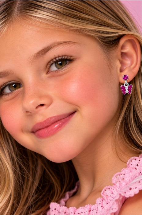 Joy|S - Zilveren vlinder oorbellen - bedel oorknoppen - fuchsia roze kristal