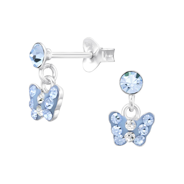 Joy|S - Zilveren vlinder oorbellen - bedel oorknoppen - blauw kristal