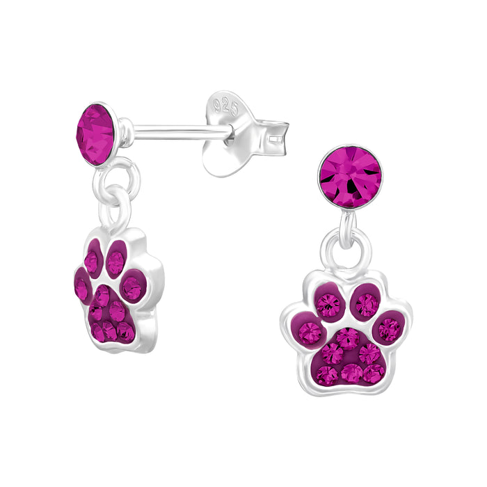 Joy|S - Zilveren kat hond dierenpoot oorbellen - bedel oorknoppen - poot afdruk - fuchsia roze kristal