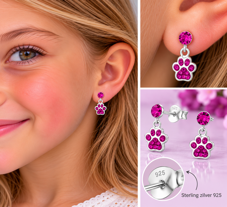 Joy|S - Zilveren kat hond dierenpoot oorbellen - bedel oorknoppen - poot afdruk - fuchsia roze kristal