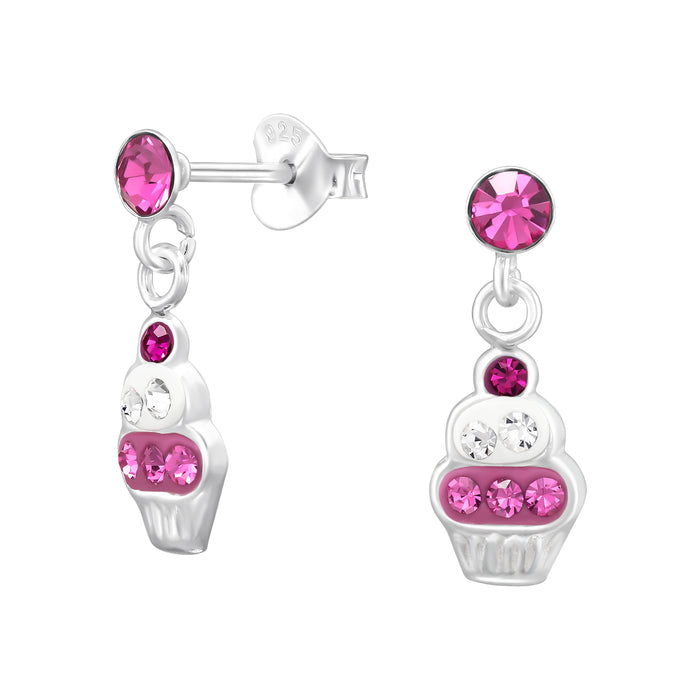 Joy|S - Zilveren cupcake oorbellen - bedel oorknoppen - zilver - roze wit kristal