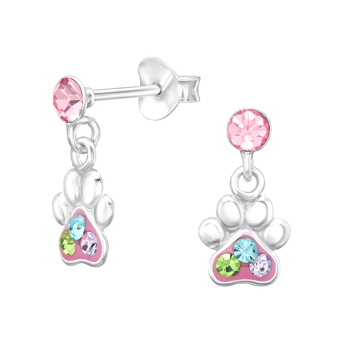 Joy|S - Zilveren kat hond dierenpoot oorbellen - bedel oorknoppen - poot afdruk - zilver roze met kristal: groen blauw lila