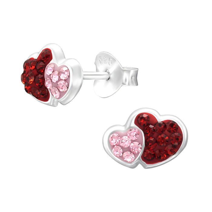 Joy|S - Zilveren hartje oorbellen - 2 hartjes - 9 x 6.5 mm - rood roze kristal - kinderoorbellen