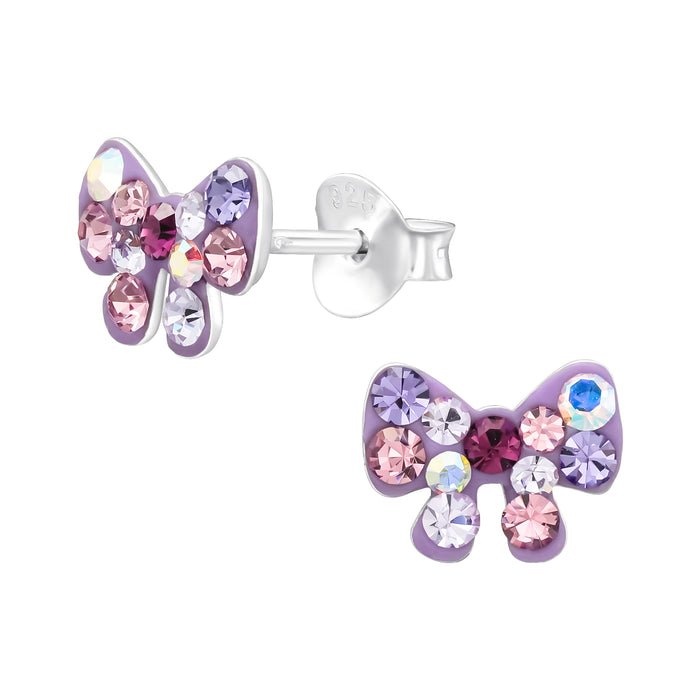Joy|S - Zilveren strikje oorbellen - 8.3 x 6.5 mm - paars met gekleurde kristalletjes - kinderoorbellen