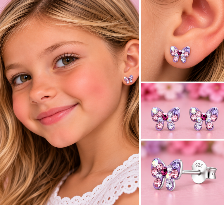 Joy|S - Zilveren strikje oorbellen - 8.3 x 6.5 mm - paars met gekleurde kristalletjes - kinderoorbellen - sterling zilver 925