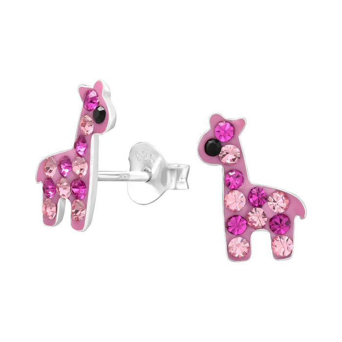 Joy|S - Zilveren giraf oorbellen - 8 x 11 mm - roze - giraffe oorknoppen - kinderoorbellen