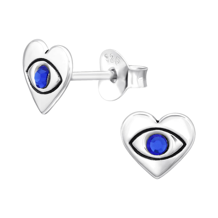 Joy|S - Zilveren hartje oorbellen - boze oog / evil eye - blauw kristal - 7.3 x 6.5 mm - oorknoppen