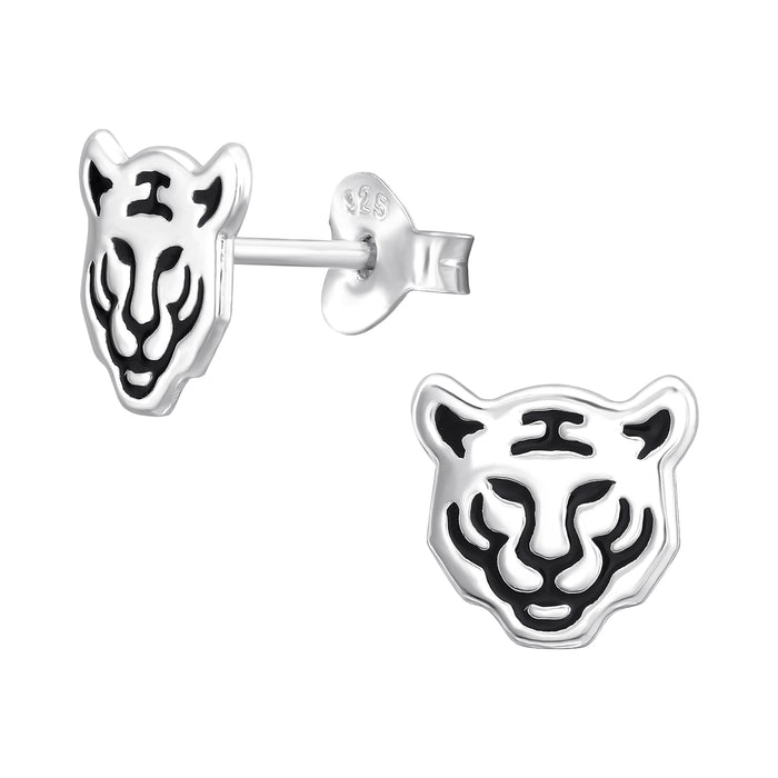 Joy|S - Zilveren tijger oorbellen - zilver met zwarte accentjes - 8.5 x 8 mm - luipaard panter oorknoppen