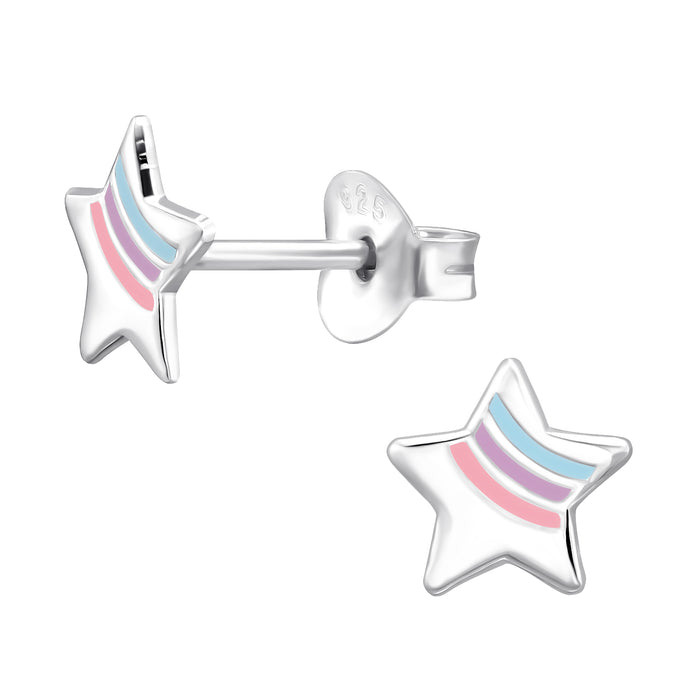 Joy|S - Zilveren ster oorbellen - pastel regenboog - 7 mm - kinderoorbellen
