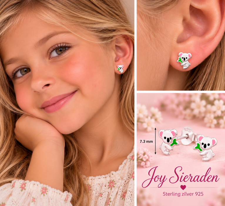 Joy|S - Zilveren koala oorbellen - zilver met roze oortjes - bamboe groen - 7.3 mm - kinderoorbellen - sterling zilver 925
