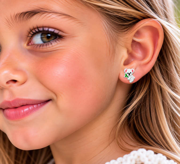 Joy|S - Zilveren koala oorbellen - zilver met roze oortjes - bamboe groen - 7.3 mm - kinderoorbellen